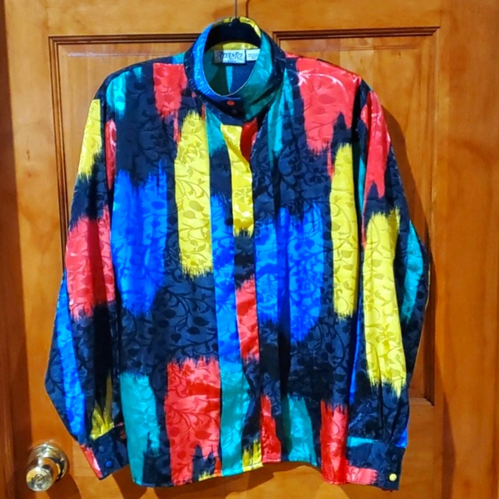 80s Color Pallette Long Sleeve Blouse Funnel Neck